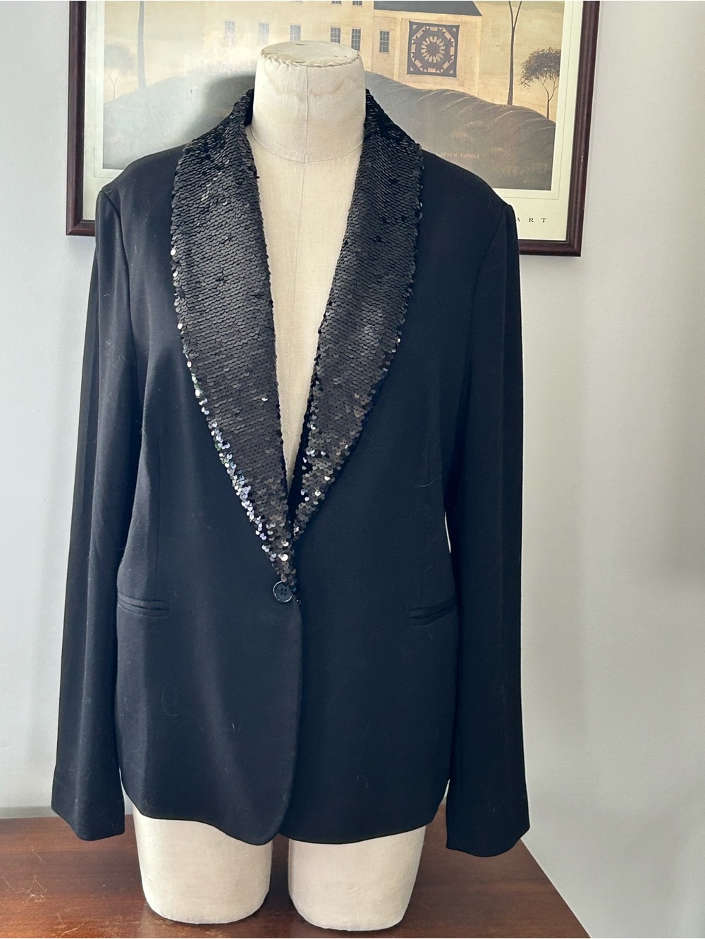 Adrianna Papell sequin lapel PONTE evening blazer black size large